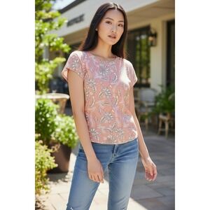 Rachel Zoe Womens 100% Linen Floral Print Short Sleeve Top Peach Coral Sz M